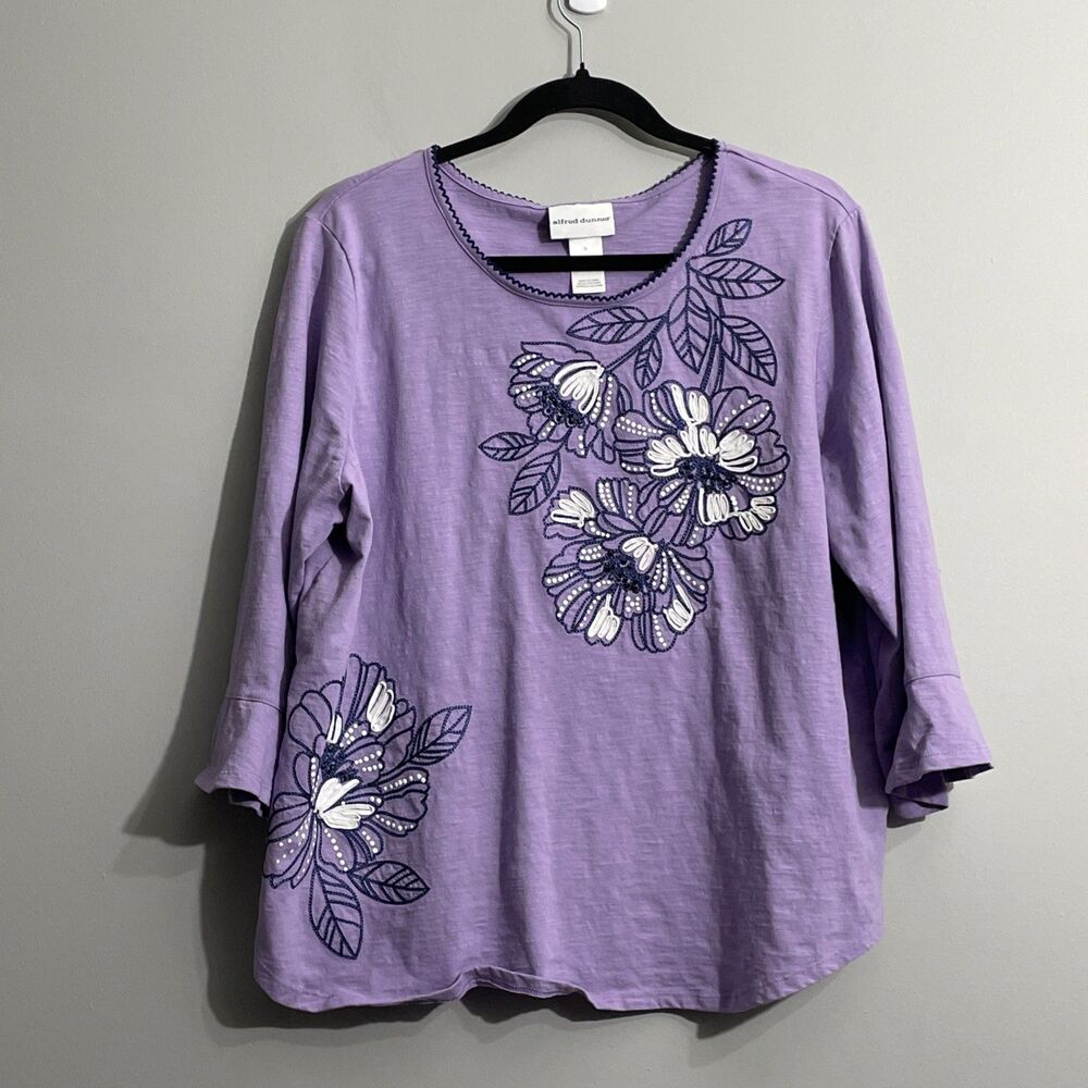Alfred Dunner Women’s XL Purple Long Sleeve Floral Embroidered Top Cottagecore